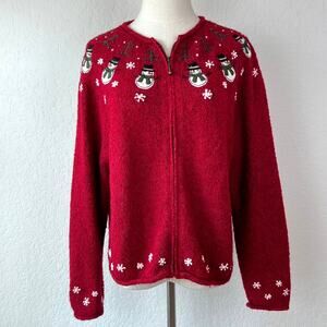 Vintage Y2K Silk & Wool Blend Zip Up Christmas Sweater Snowmen Red size PL